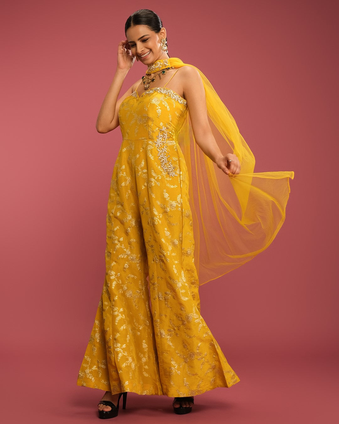 Sunbeam Yellow Banarasi Jumpsuit Set