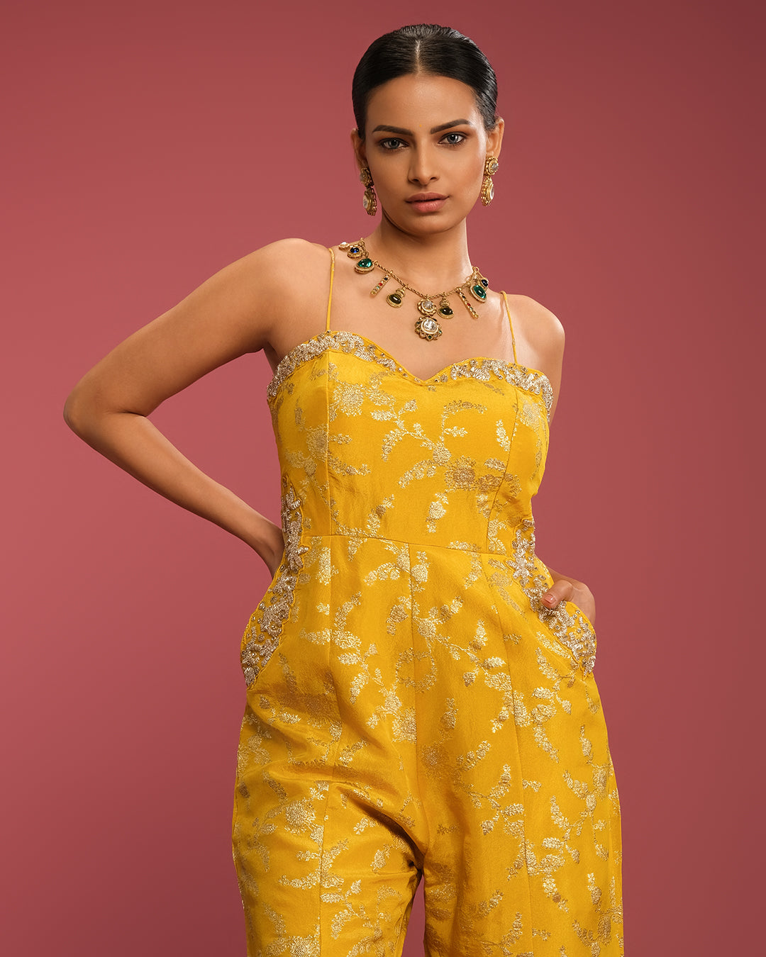 Sunbeam Yellow Banarasi Jumpsuit Set