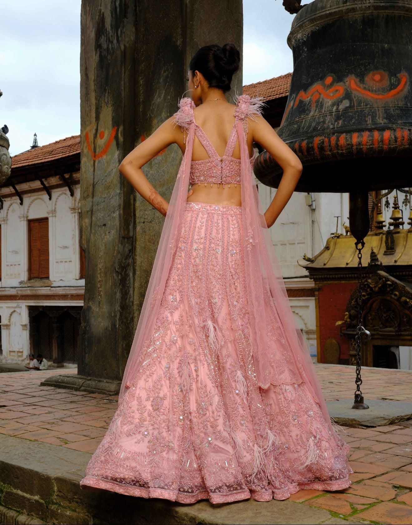 Sunkissed Coral Pink Cocktail Lehenga With Attached Dupatta Drape