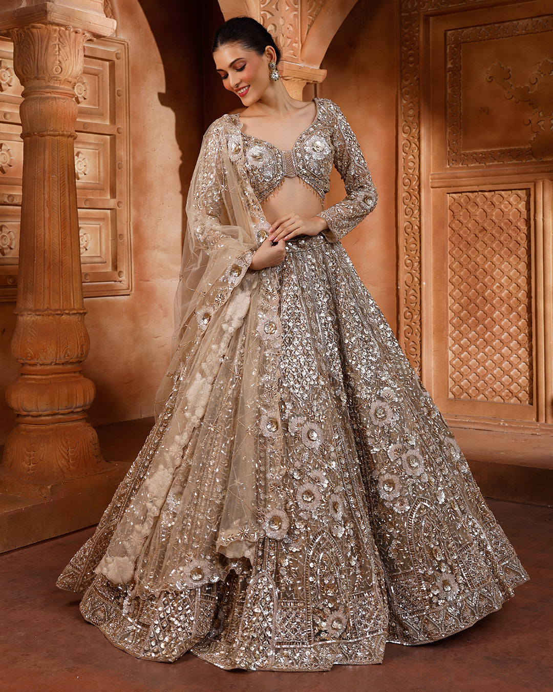 Sunlit Bronze Embellished Bridal Lehenga For Sangeet
