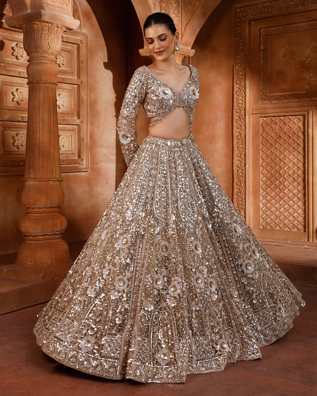 Sunlit Bronze Embellished Bridal Lehenga For Sangeet