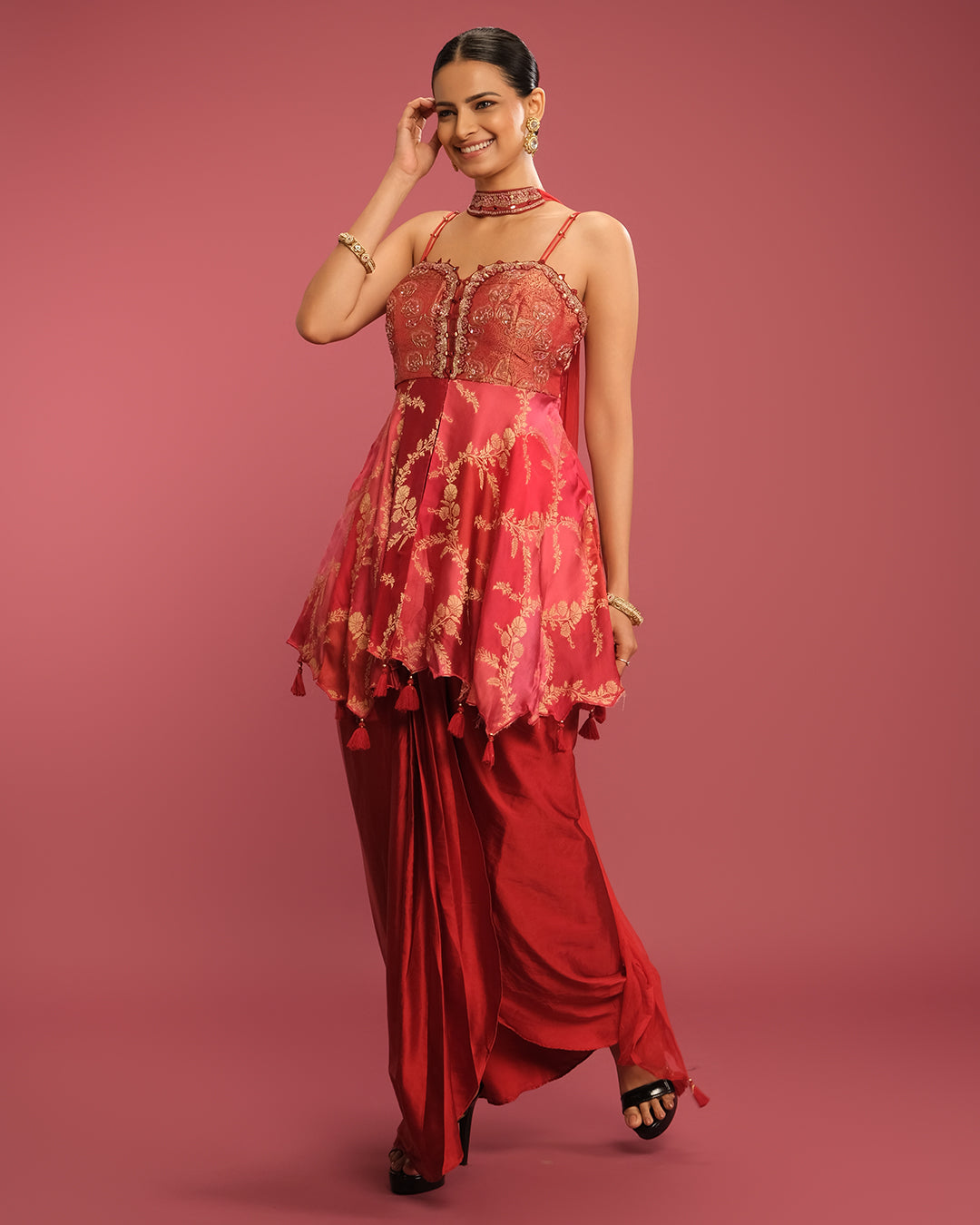 Tangirine Banarasi Silk Corset Kurta With Drape Skirt Set