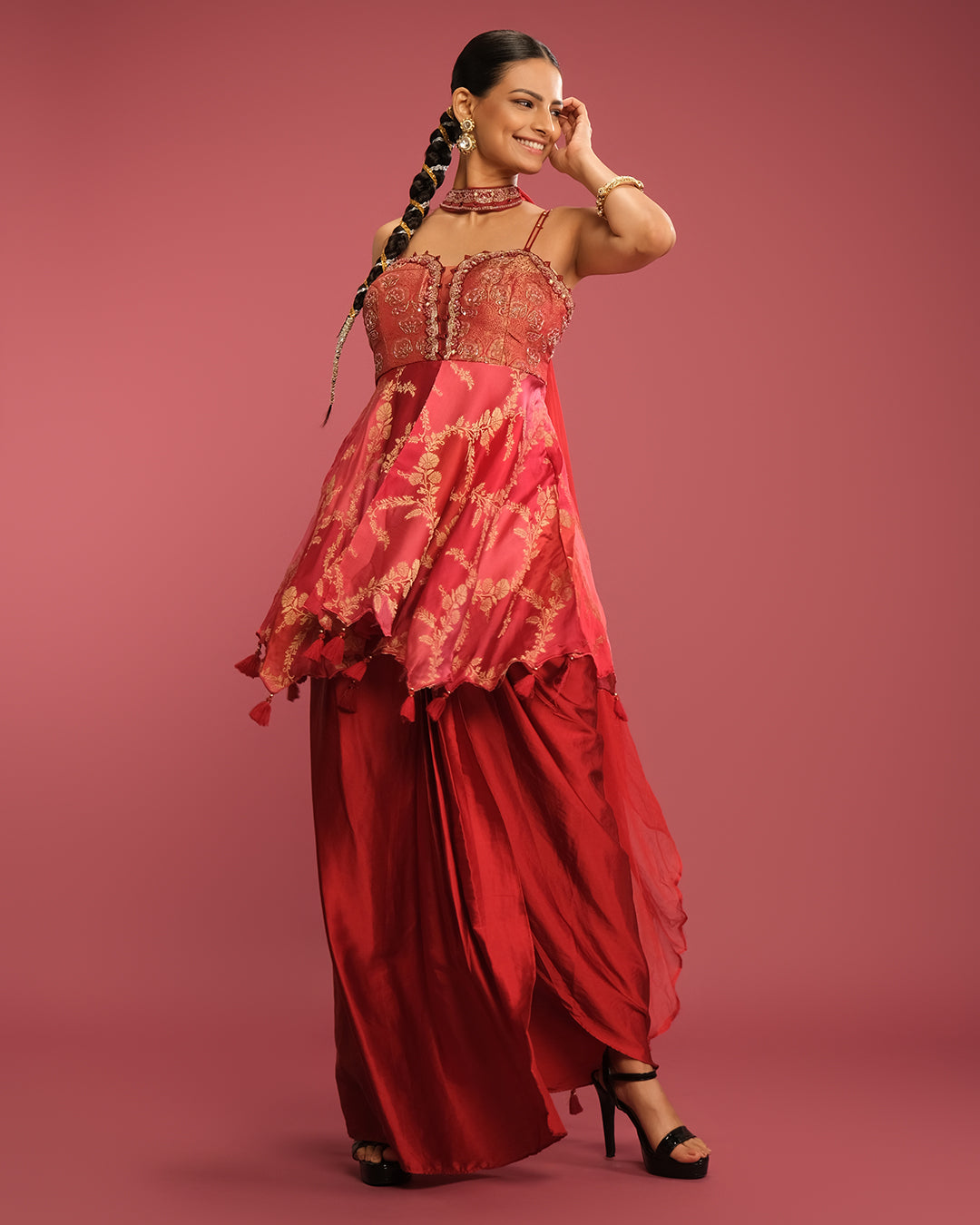 Tangirine Banarasi Silk Corset Kurta With Drape Skirt Set