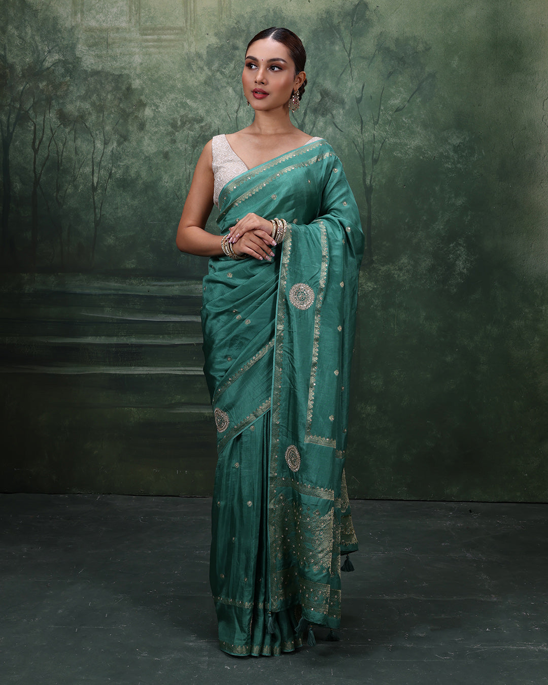 Teal Tribe Soft Silk Saree With Minimalist Embroidery
