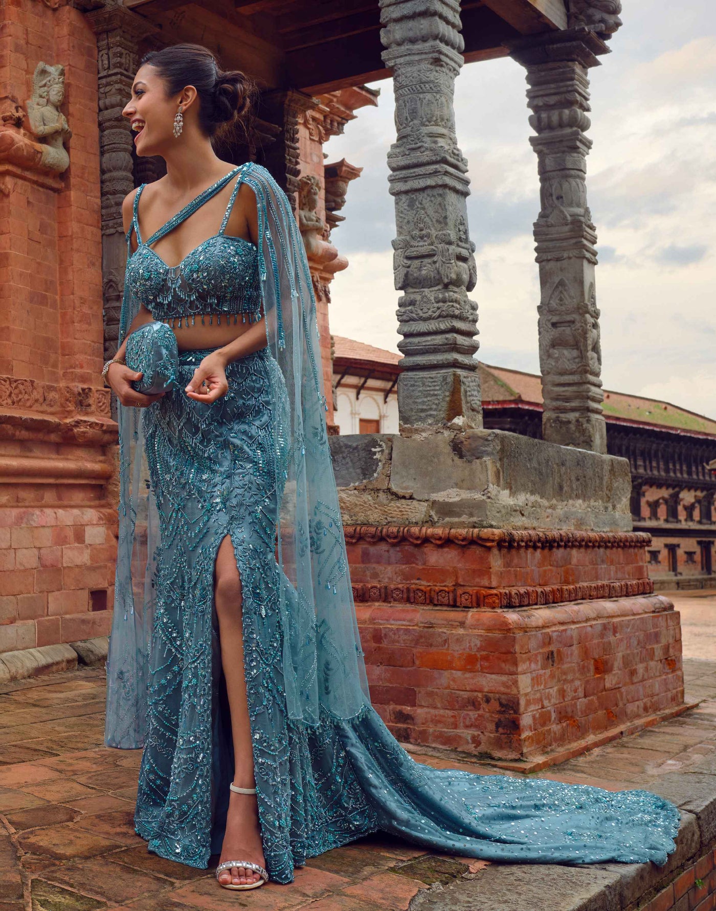 Teal Twilight Cocktail Lehenga With Slit