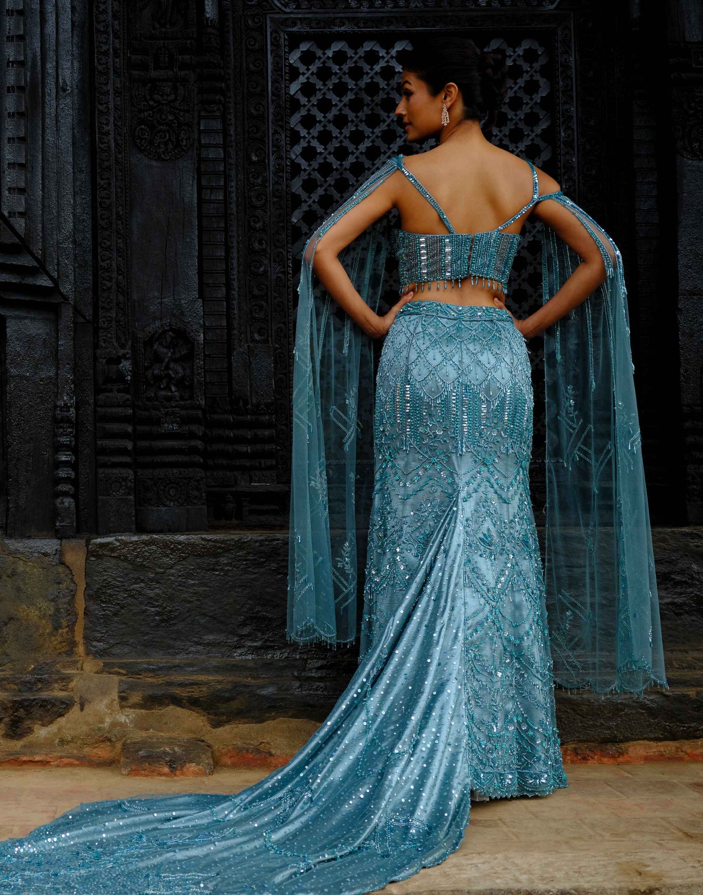 Teal Twilight Cocktail Lehenga With Slit