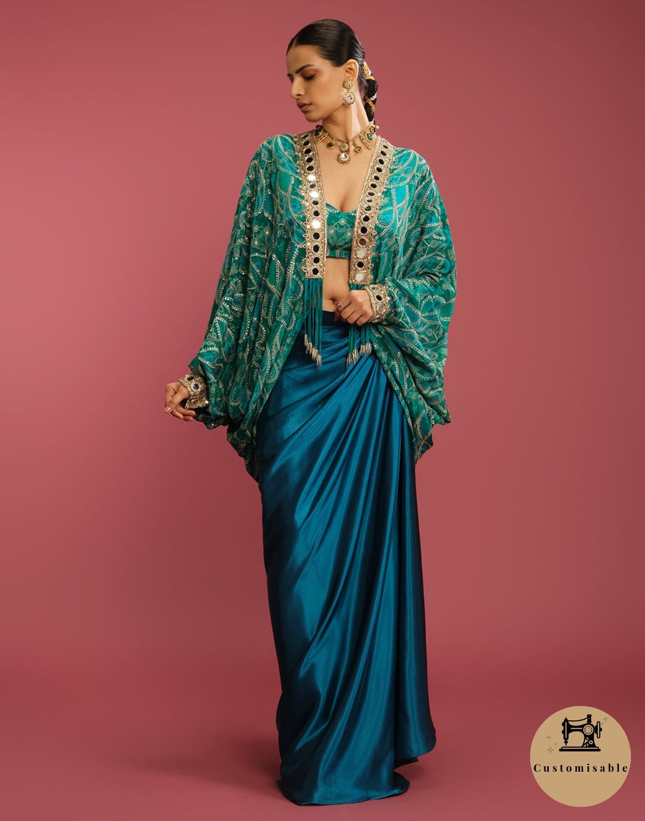 Turquoise Charm Printed Cowl Jacket With Satin Drape Skirt Set