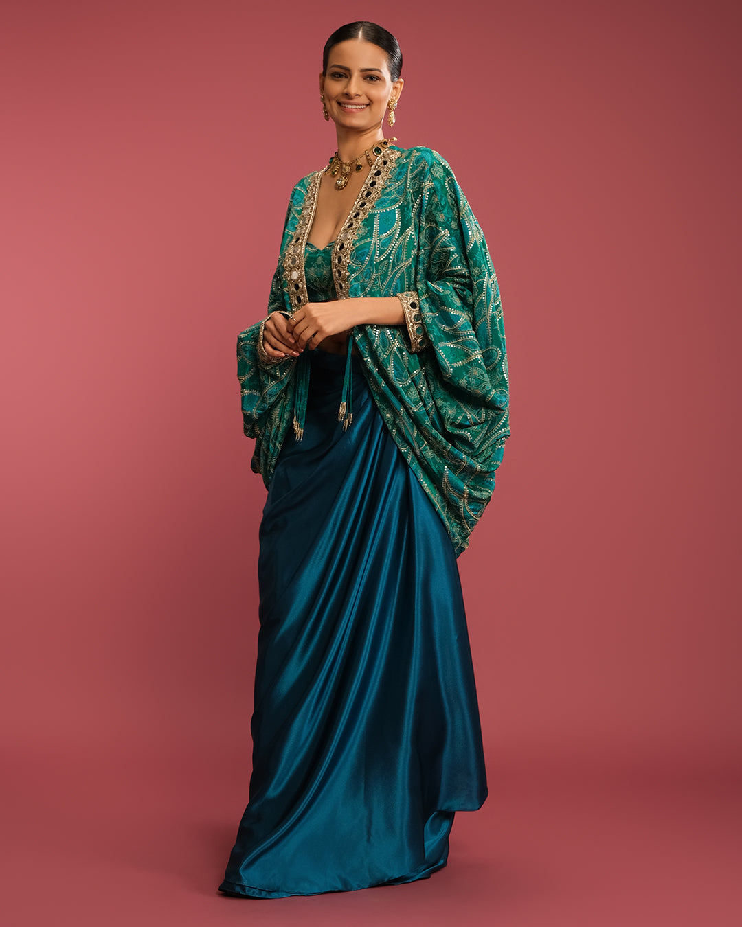 Turquoise Charm Printed Cowl Jacket With Satin Drape Skirt Set