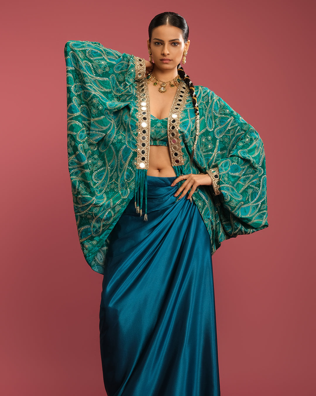 Turquoise Charm Printed Cowl Jacket With Satin Drape Skirt Set