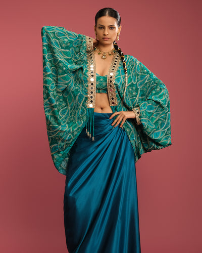 Turquoise Charm Printed Cowl Jacket With Satin Drape Skirt Set