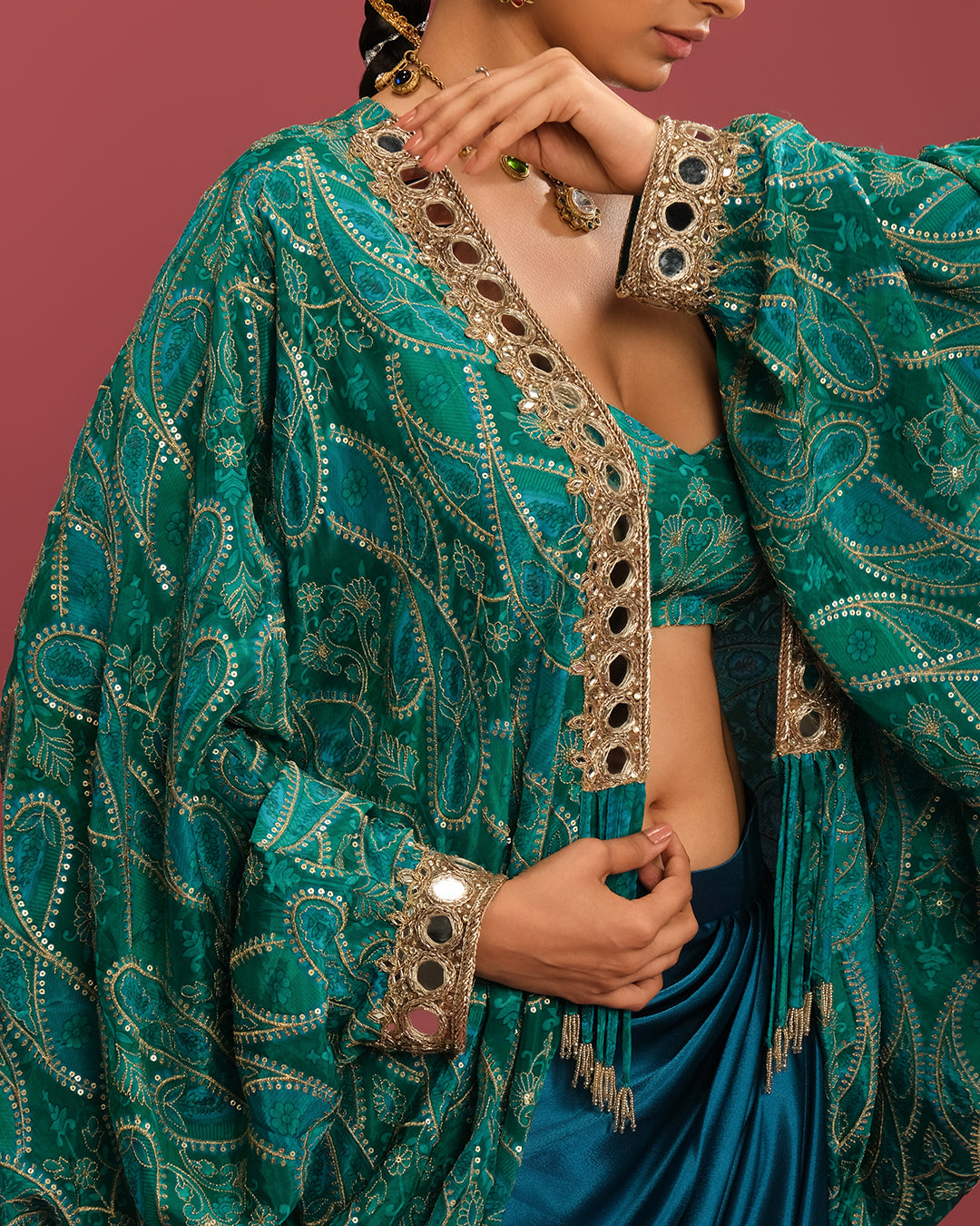 Turquoise Charm Printed Cowl Jacket With Satin Drape Skirt Set