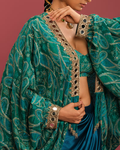 Turquoise Charm Printed Cowl Jacket With Satin Drape Skirt Set