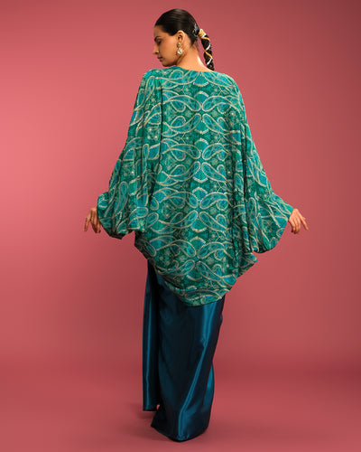 Turquoise Charm Printed Cowl Jacket With Satin Drape Skirt Set