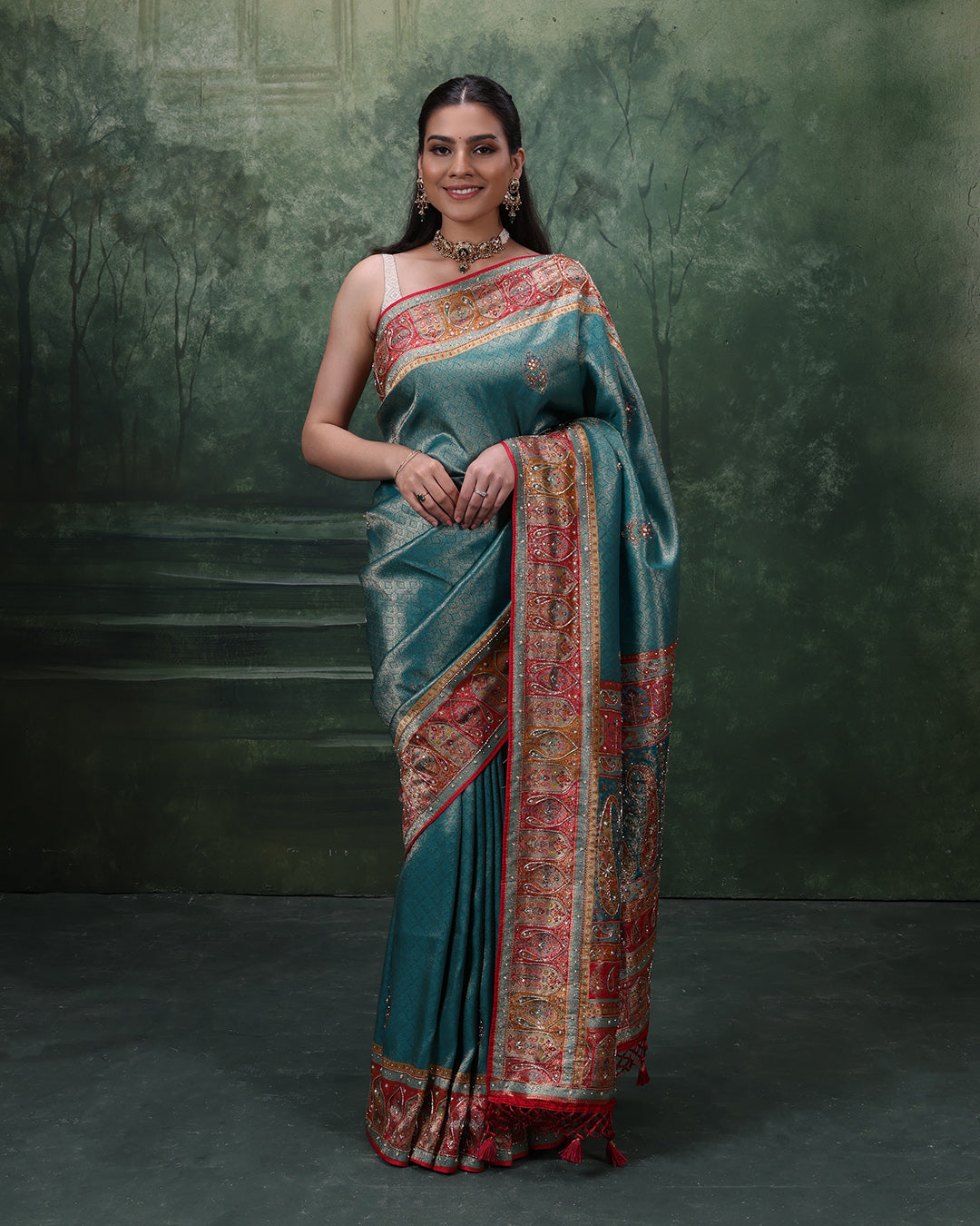 Turquoise Shimmer Silk Saree With Multicolor Embroidered Border And Unstitched Blouse Fabric