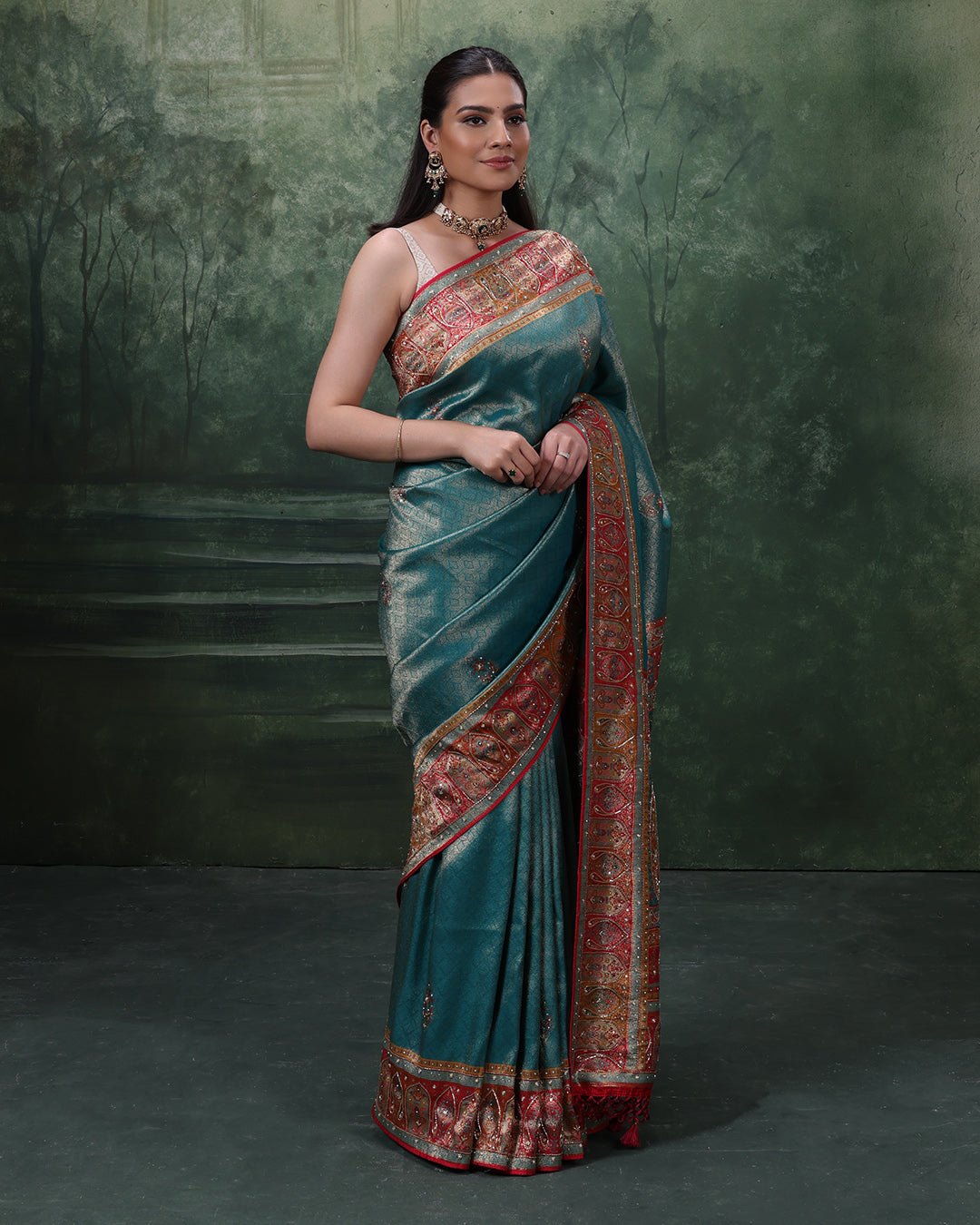Turquoise Shimmer Silk Saree With Multicolor Embroidered Border And Unstitched Blouse Fabric