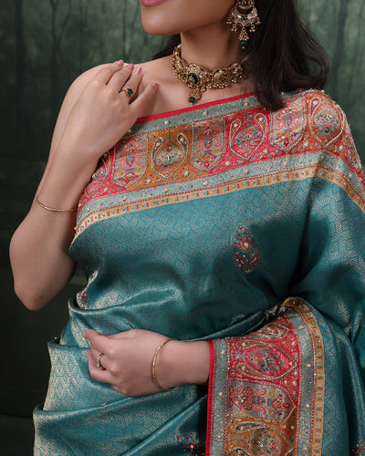 Turquoise Shimmer Silk Saree With Multicolor Embroidered Border And Unstitched Blouse Fabric