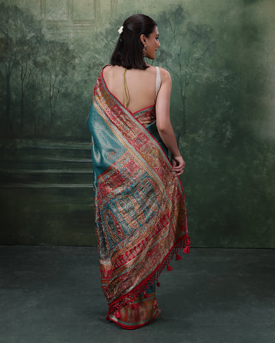Turquoise Shimmer Silk Saree With Multicolor Embroidered Border And Unstitched Blouse Fabric
