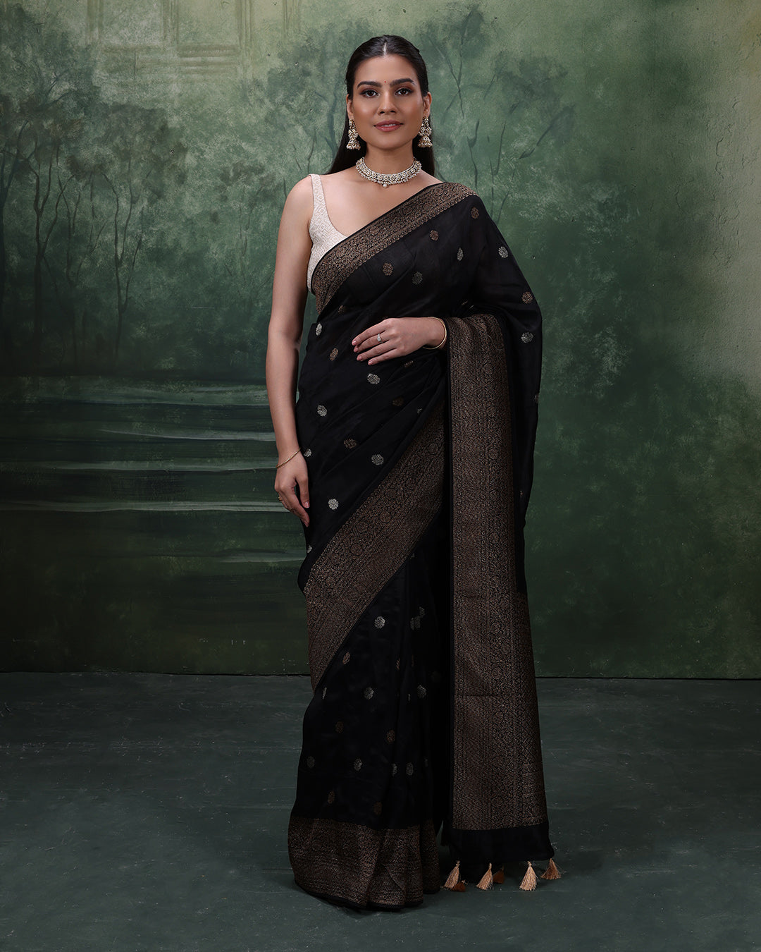 Urban Midnight Silk Saree With Antique Gold Woven Design And Unstitched Blouse Fabric