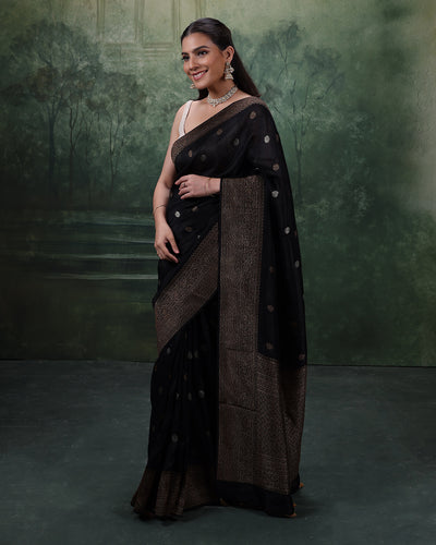 Urban Midnight Silk Saree With Antique Gold Woven Design And Unstitched Blouse Fabric