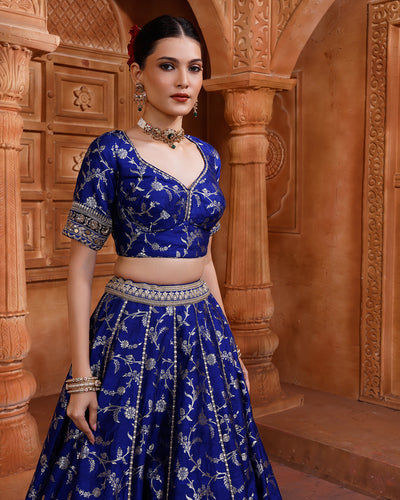 Velour Cobalt Banarasi Brocade Silk Lehenga Set