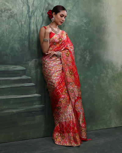Vermilion Pearl Banarasi Bandhej Silk Saree