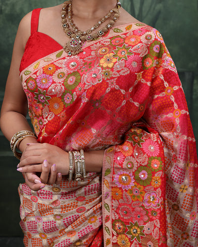 Vermilion Pearl Banarasi Bandhej Silk Saree