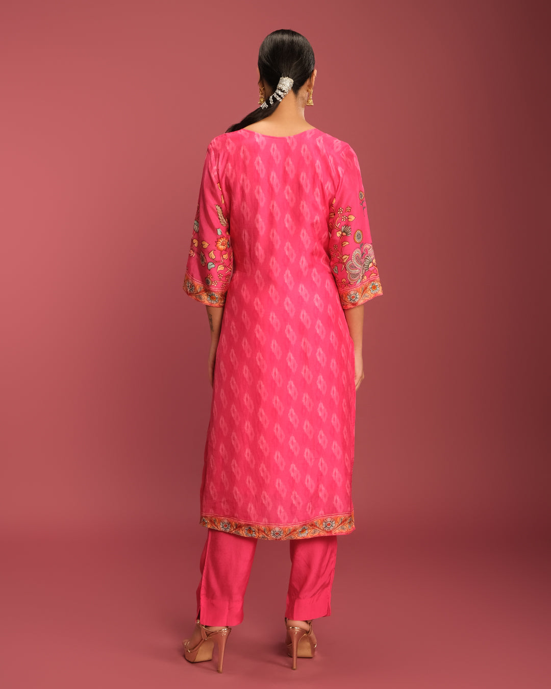 Vibrant Fuschia Ikkat & Kalamkari Printed Kurta Set