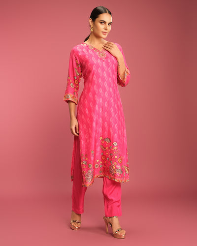 Vibrant Fuschia Ikkat & Kalamkari Printed Kurta Set