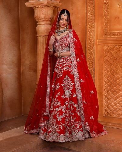 Vibrant Red Embroidered bridal Lehenga In Pure Silk