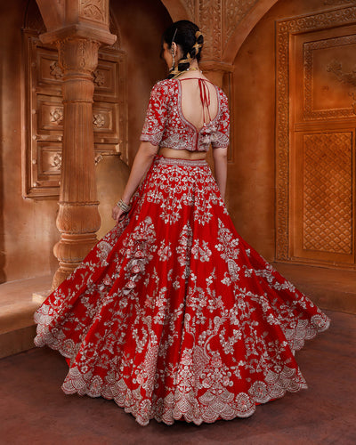 Vibrant Red Embroidered bridal Lehenga In Pure Silk