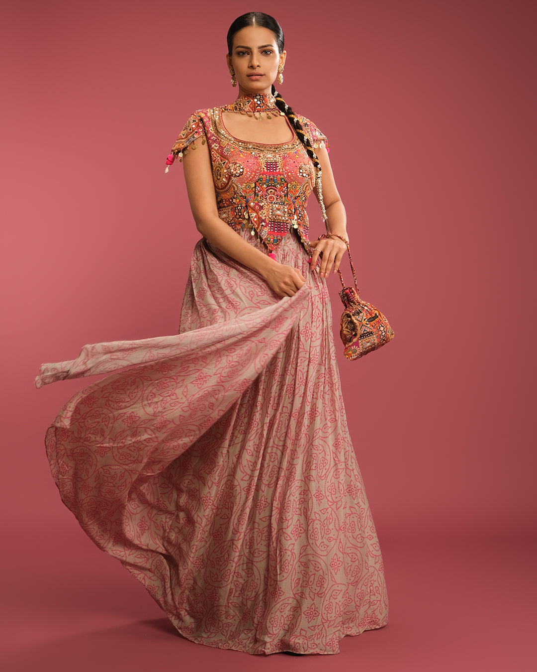 Vintage Rose Bandhej Fusion Lehenga Set