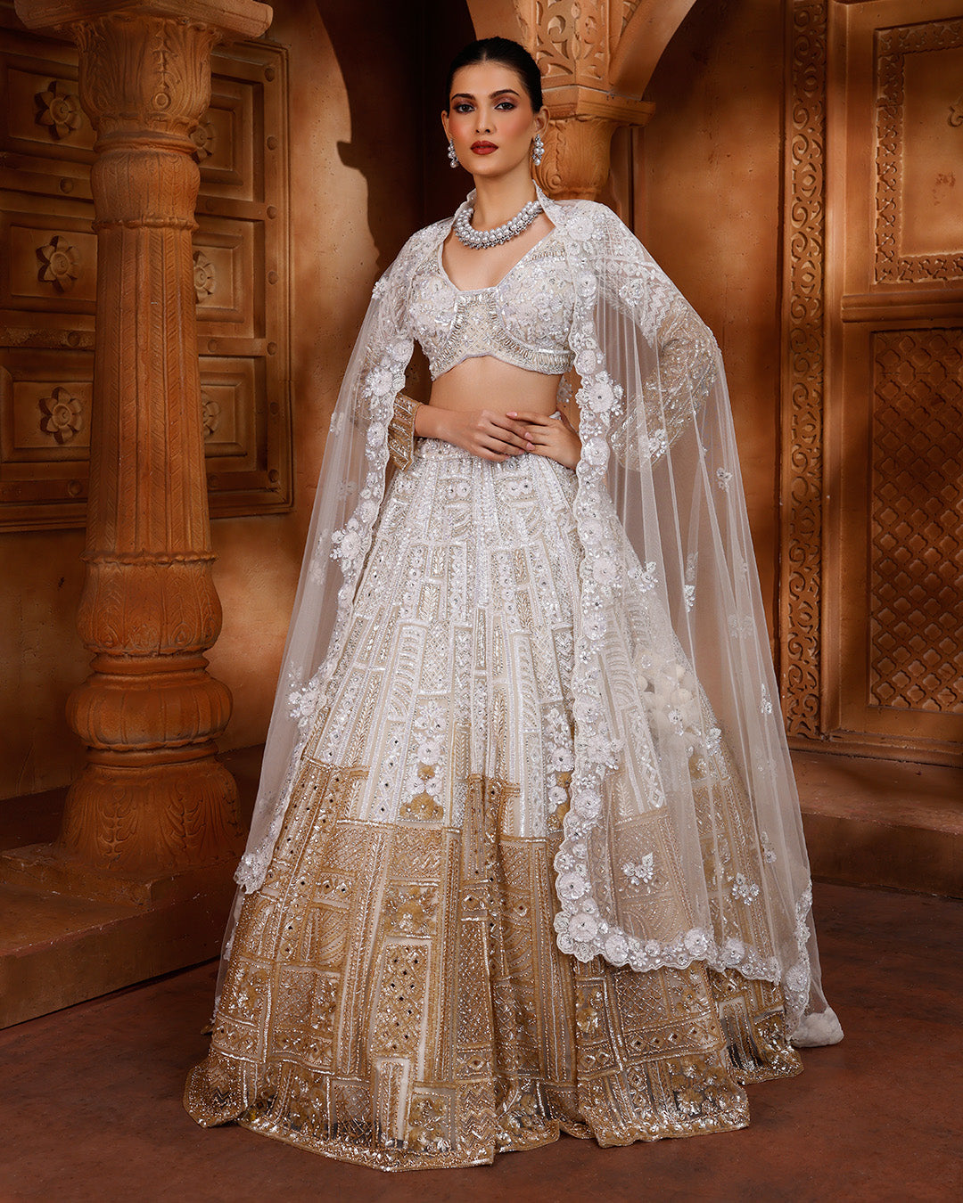 White & Bronze Bridal Lehenga For Sangeet