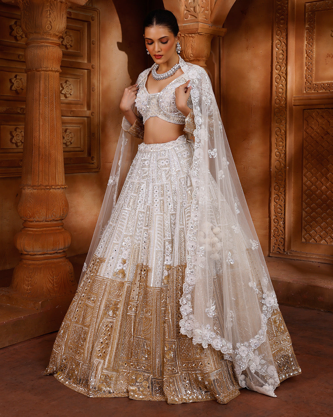 White & Bronze Bridal Lehenga For Sangeet