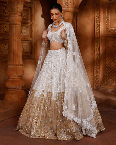 White & Bronze Bridal Lehenga For Sangeet