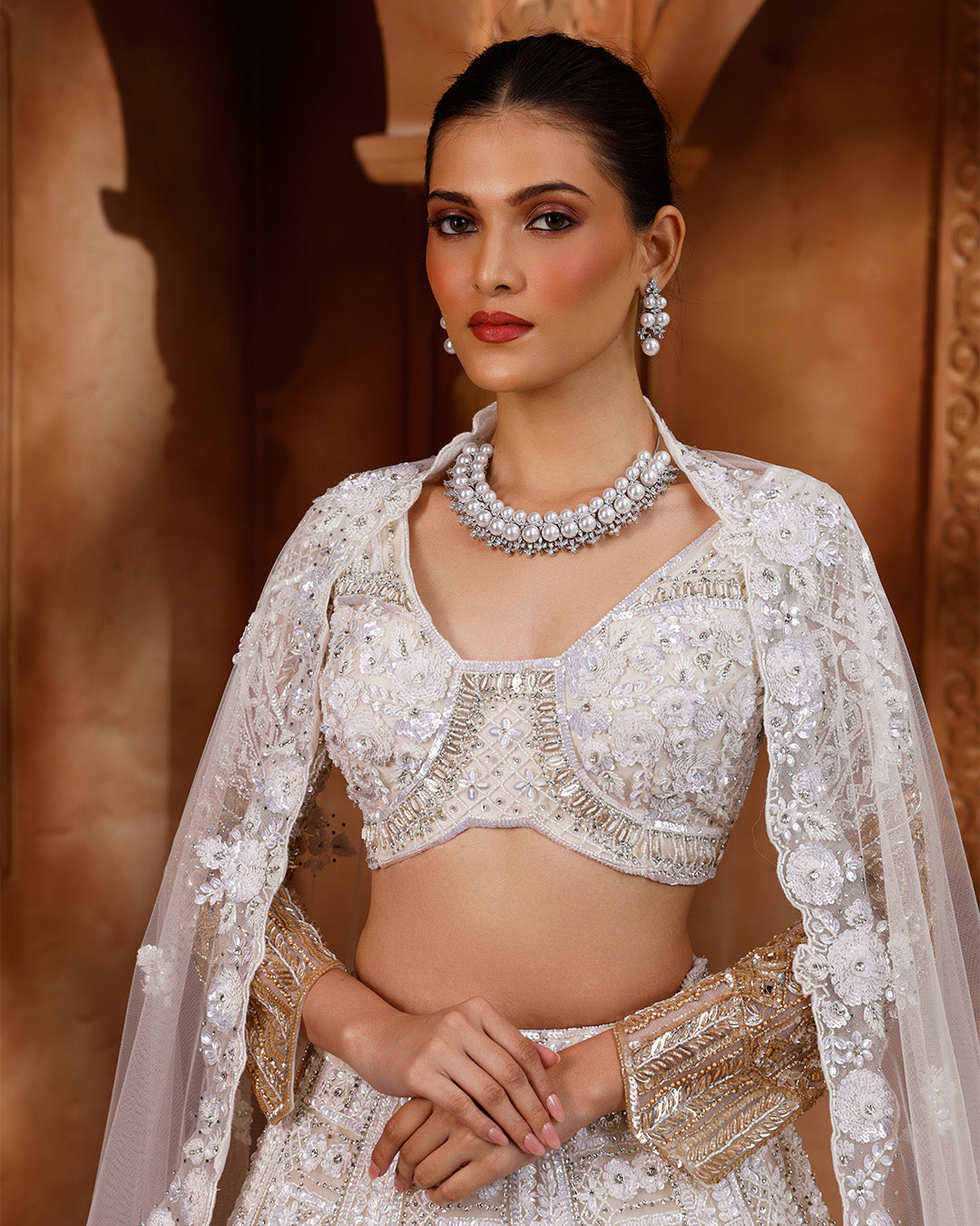 White & Bronze Bridal Lehenga For Sangeet