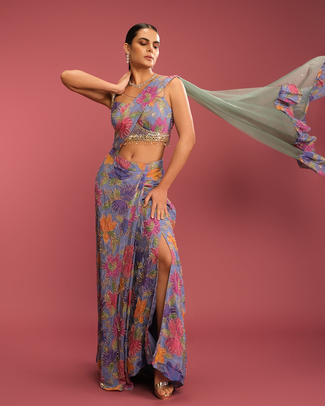 Wisteria Blue Floral Printed Drape Fusion Set