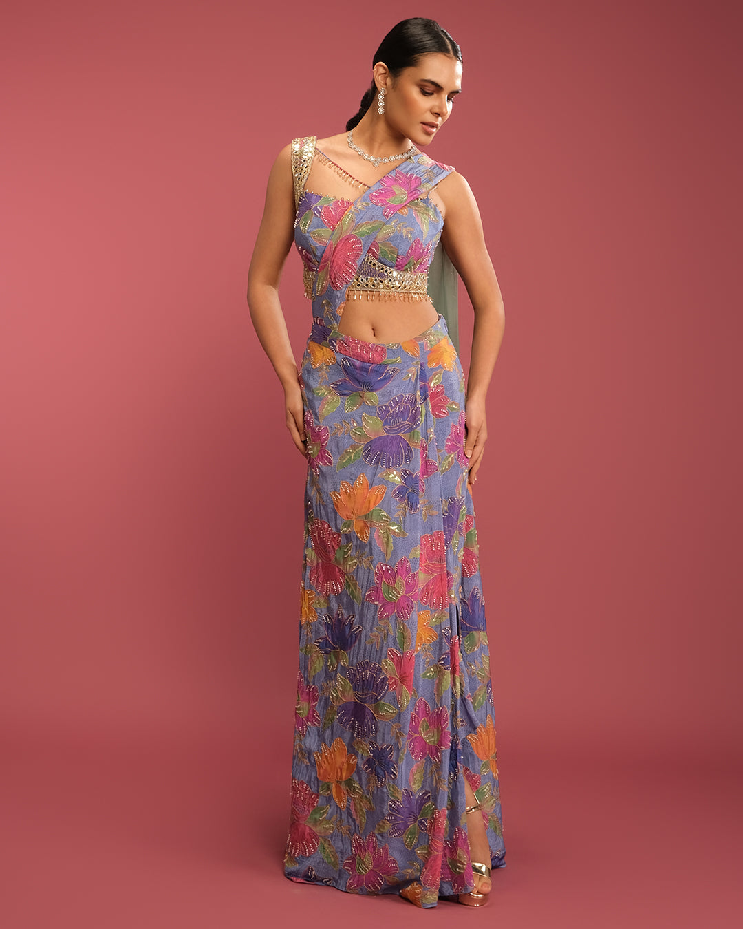 Wisteria Blue Floral Printed Drape Fusion Set