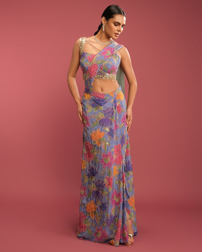 Wisteria Blue Floral Printed Drape Fusion Set