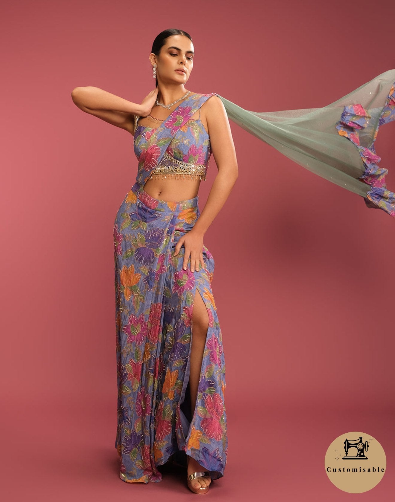 Wisteria Blue Floral Printed Drape Fusion Set