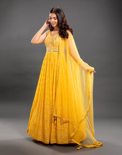 Amber Yellow In Mirror Work Anarkali Set