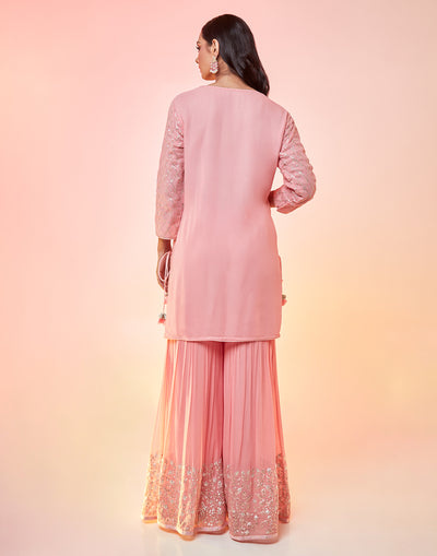 Baby Blush Peach Pink Embellished Sharara Suit Set