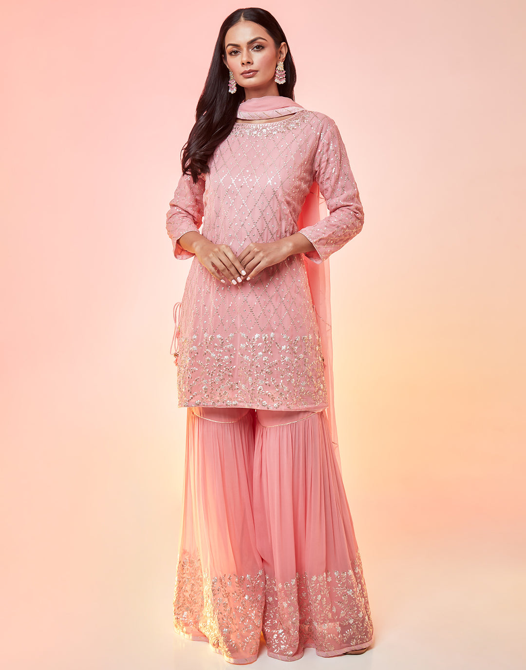 Elegant Baby Blush Peach Pink Embellished Sharara Suit Set – Roopkala