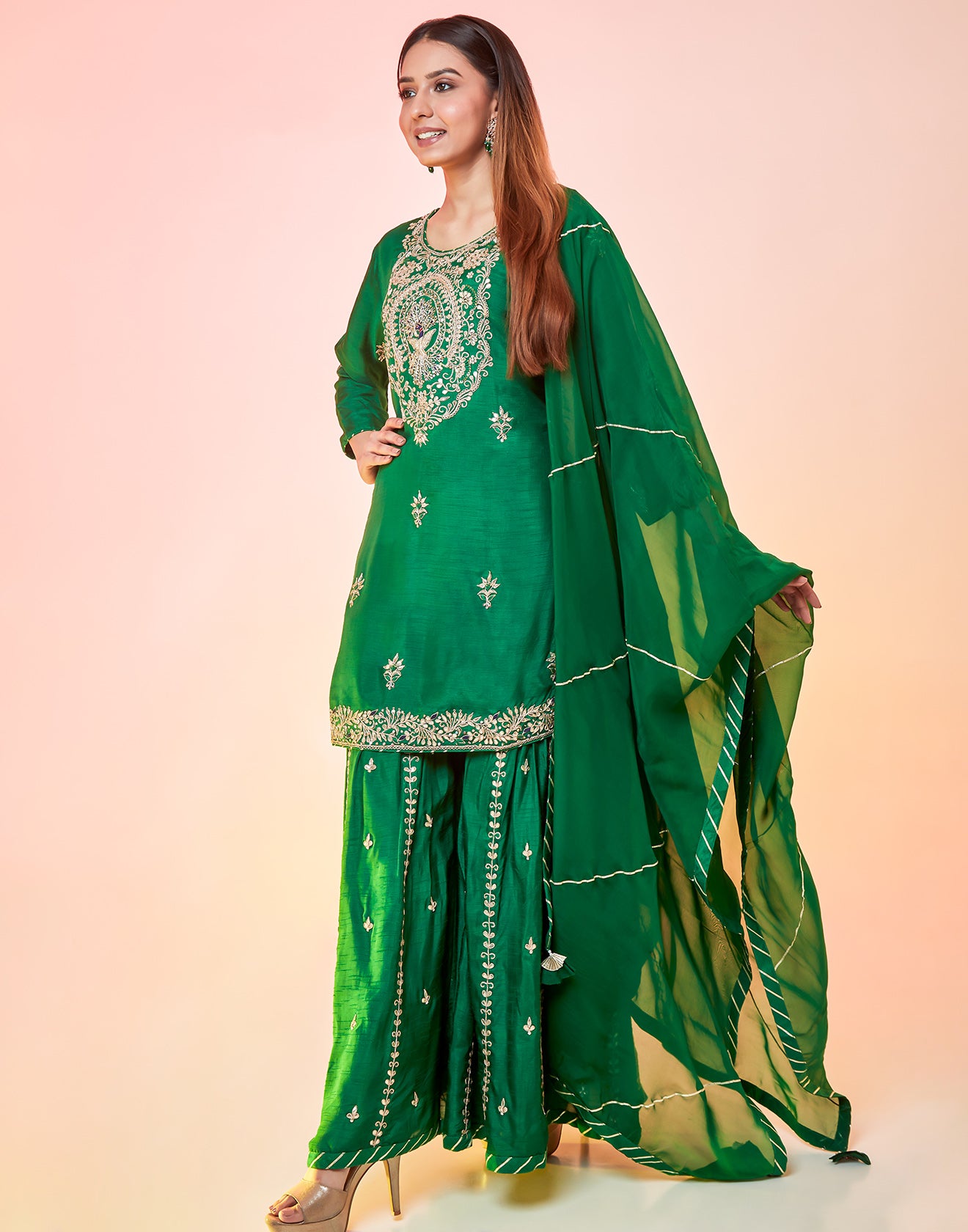 Bottle Green Embellished Sharara Suit Set With Gota Work Roopkala Bottle Green Embellished Sharara Suit Set With Gota Work Roopkala