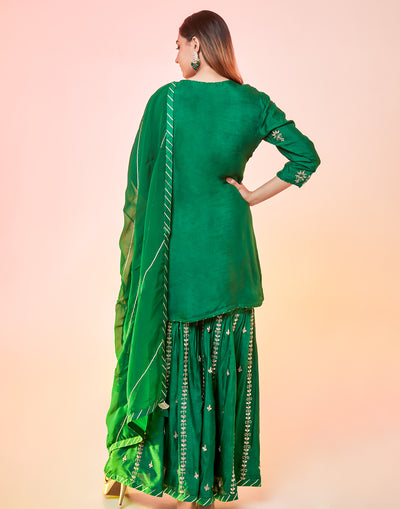 Bottle Green Embellished Sharara Suit Set With Gota Work