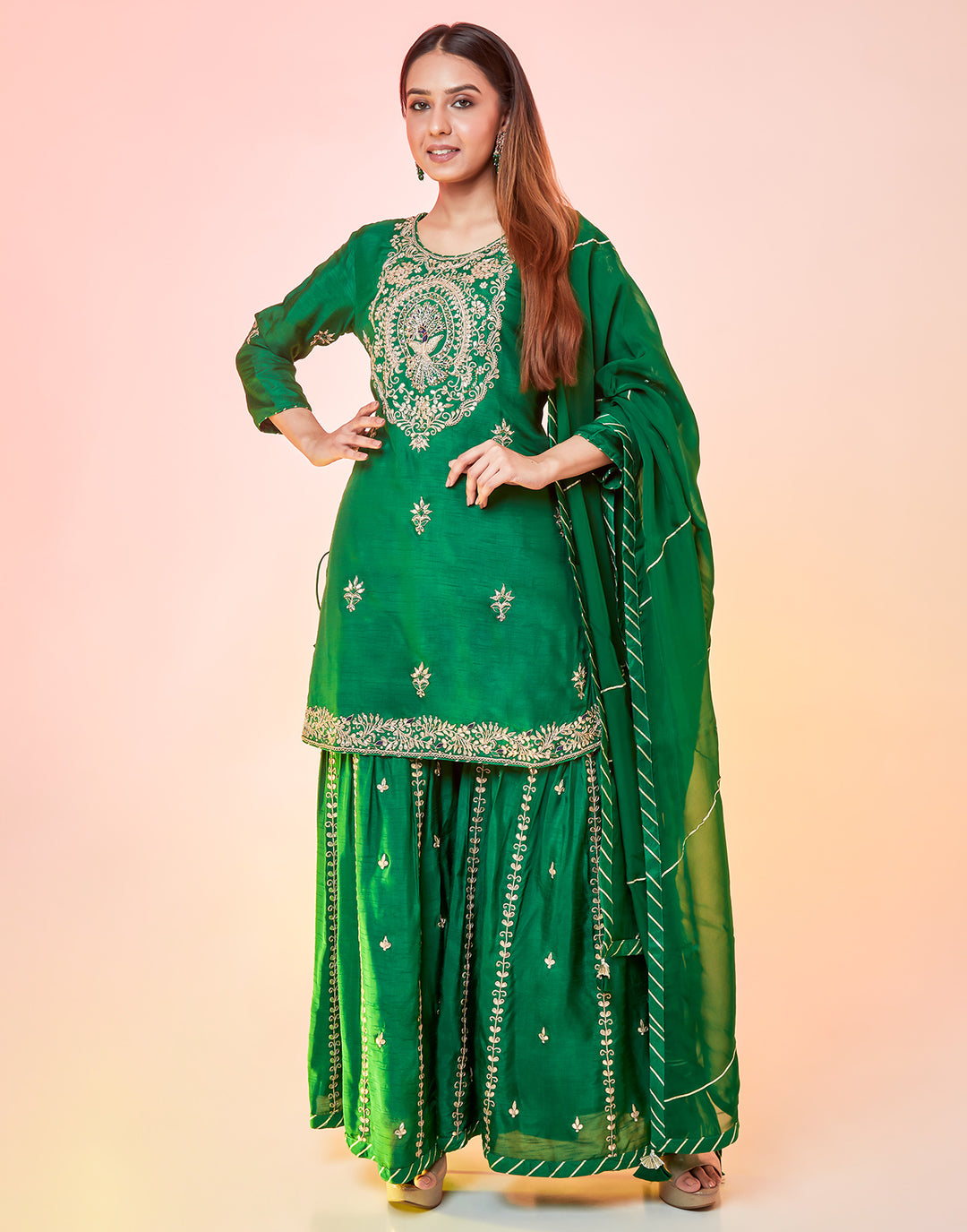 Bottle Green Embellished Sharara Suit Set With Gota Work Roopkala Bottle Green Embellished Sharara Suit Set With Gota Work Roopkala
