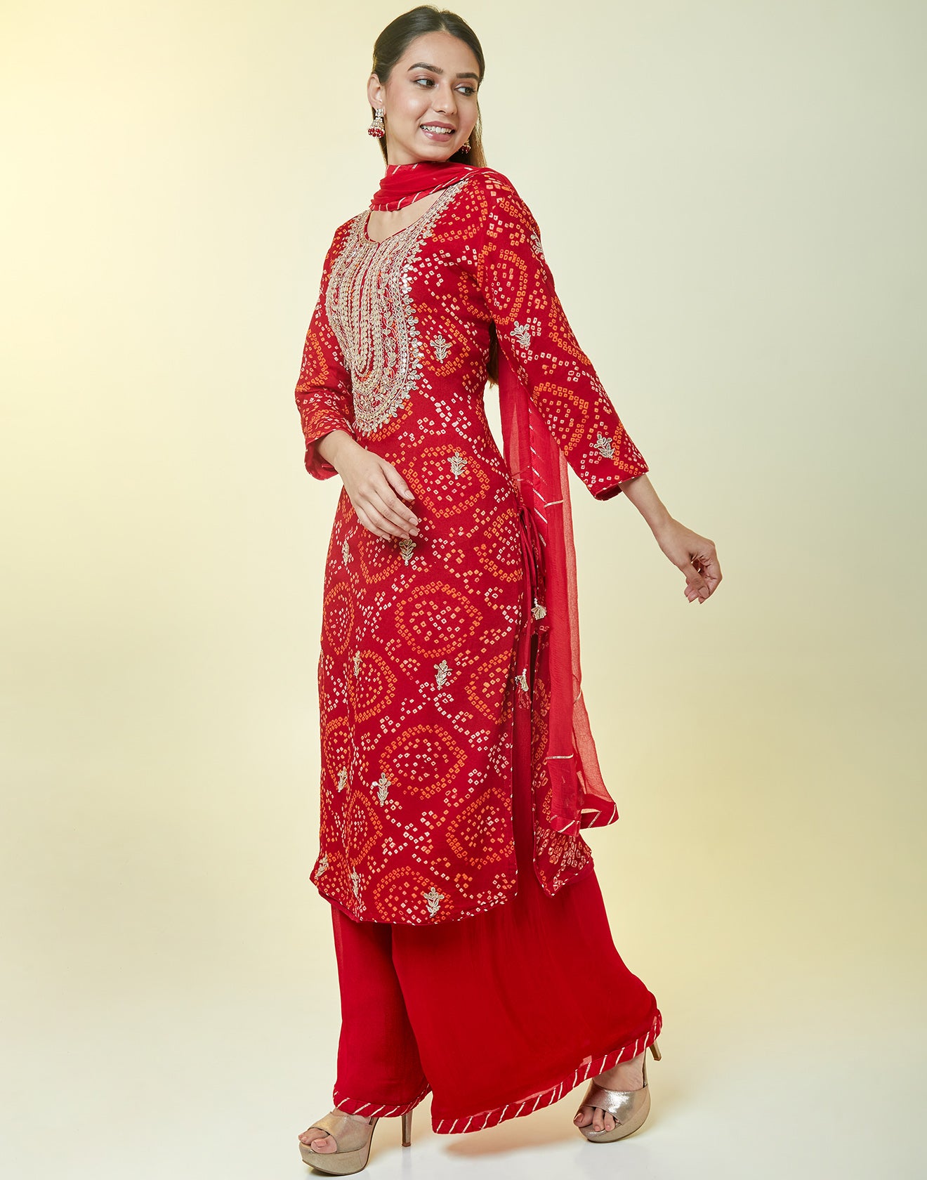 Brick Red In Bandhani Print Palazzo Suit Set
