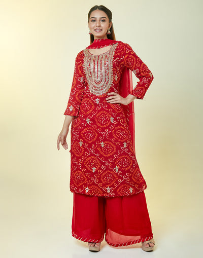 Brick Red In Bandhani Print Palazzo Suit Set