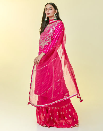 Bright Pink Leheriya Bandhani Gharara Suit Set