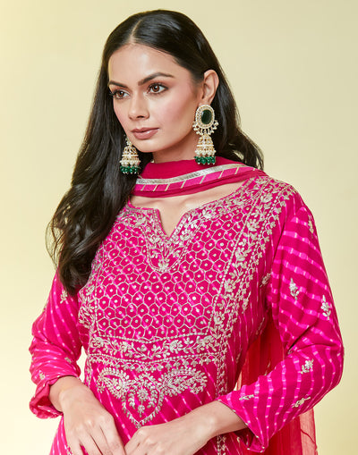 Bright Pink Leheriya Bandhani Gharara Suit Set