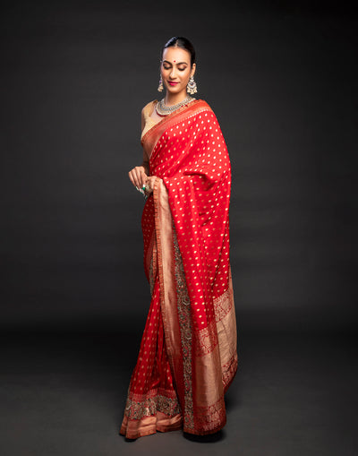 Bright Red Saree In Art Handloom Silk